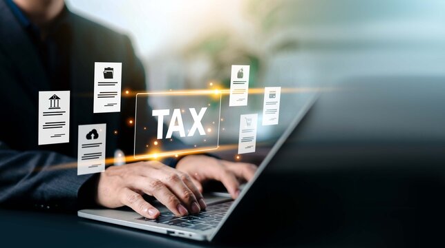 Business person typing on a laptop with glowing digital tax text and floating financial document icons. Concept of online tax filing, corporate accounting, e-government service, and compliance.