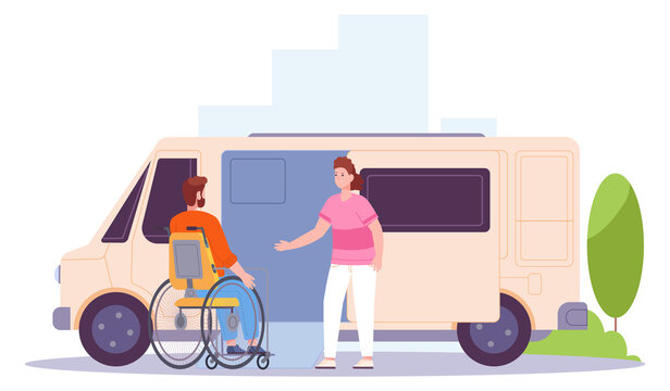 Disabled life difficulties. Accessible transport for man in wheelchair