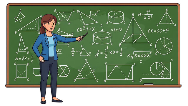 Teacher Explaining Geometry Concepts on Chalkboard