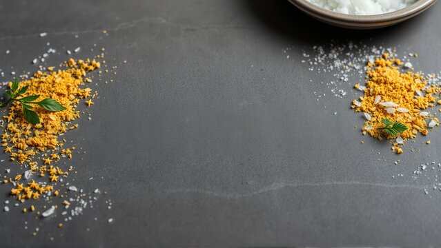 Dark surface displays spices, coconut flakes, mint leaves. Small bowl contains white substance. Minimalist food photography, neutral tones dominate composition.