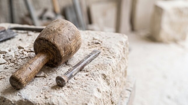 Sculpting mallet and stone chisel on textured work surface with hand tools arranged. Wooden mallet and metal chisel placed on stone, showcasing artistry in stone carving.