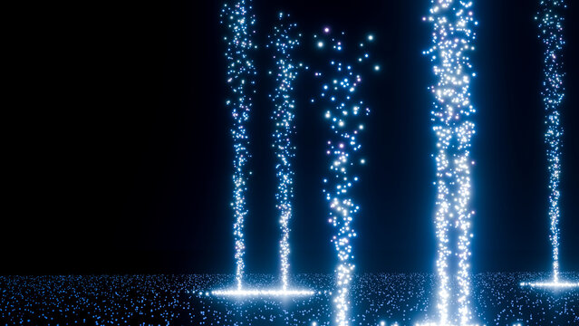 Digital art of glowing blue light pillars in a dark abstract scene
