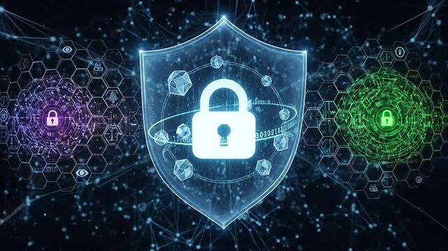 A digital shield icon protecting data with binary code and network nodes
