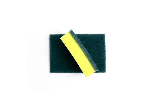 Thin yellow kitchen sponge strip on scouring pad
