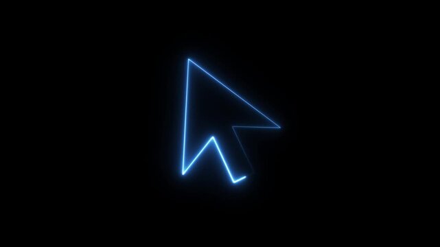 Neon blue glowing computer mouse cursor arrow icon animation on black background