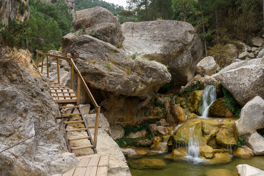 Wooden walkways in the natural setting of the Parrizal de Beceite gorge. Beceite, Teruel, Aragon, Spain.