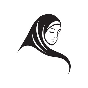 Elegant Muslim woman wearing hijab vector silhouette logo, modest Islamic female face portrait icon illustration
