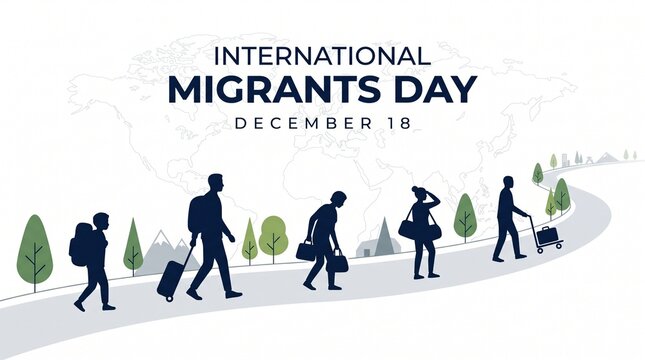 Group of travelers with backpacks walking along road on international migrants day event background
