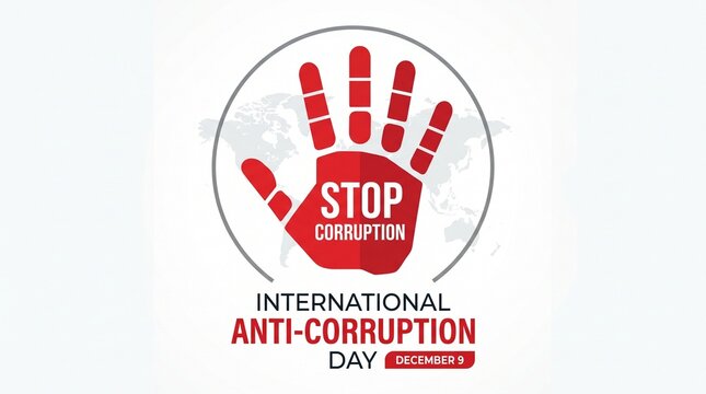 International anti corruption day vector illustration with stop hand symbol and world map