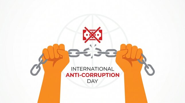 Two clenched fists pulling apart broken chains for international anti-corruption day awareness with integrity