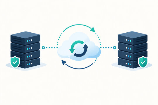 Flat illustration of server backup syncing through the cloud