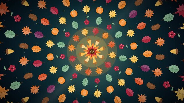 Happy Thanksgiving pattern Colorful kaleidoscope pattern of autumn leaves, flowers and acorns radiating from a glowing center on a dark teal background, a symmetrical seamless design for Thanksgiving 