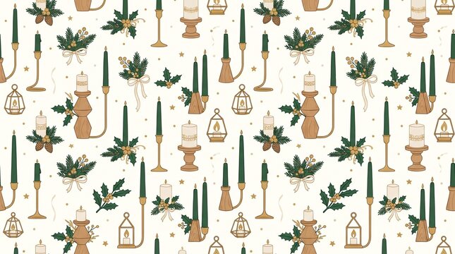 Elegant Christmas seamless pattern with green candles and gold lanterns, festive winter holiday background for wrapping paper and textile design