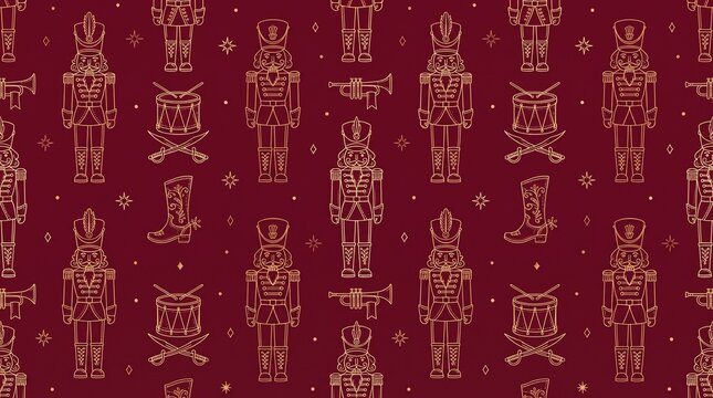 Vintage Christmas nutcracker seamless pattern, gold line art holiday background, festive maroon soldier and drum wallpaper