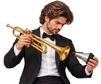 Male trumpet player checking trumpet mouthpiece