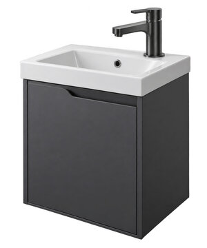 Wall mounted black bathroom vanity with white basin