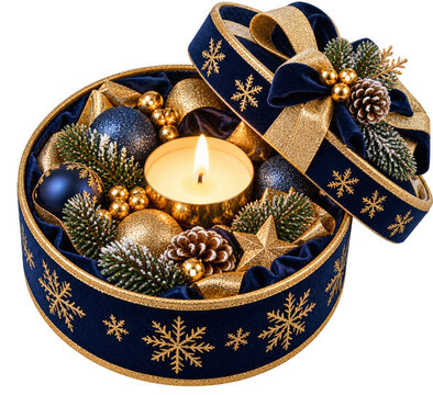 Blue Christmas gift box with candle and evergreen ornaments