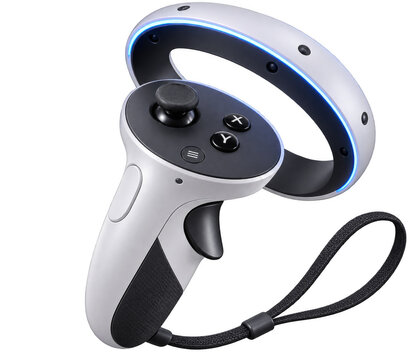 White virtual reality hand controller with wrist strap
