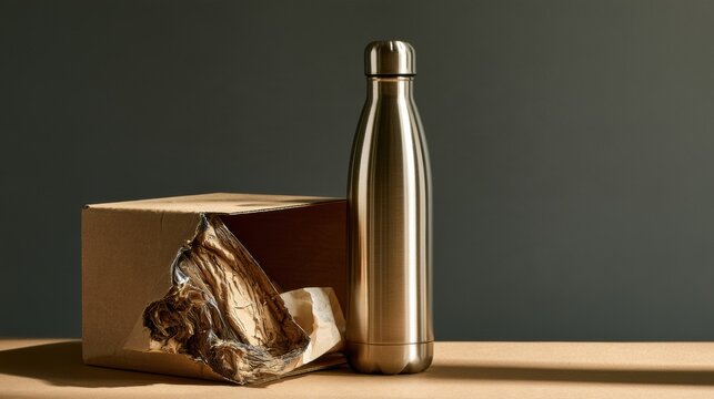 Insulated stainless steel bottle stands upright next to empty shipping box with a crushed corner and a tear visible, captured at table height.