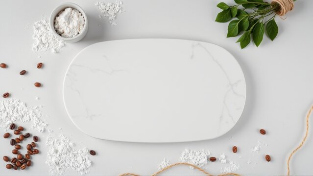 White marble platter, coffee beans, flour, herbs. Minimalist food photography, clean aesthetic, top view presentation. Simple, elegant styling.