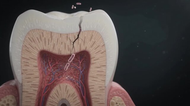 Cracked dental tooth decay with bacteria inside pulp infection damaging enamel and dentin layers detailed oral health anatomy cross section illustration of dental care and cavity treatment