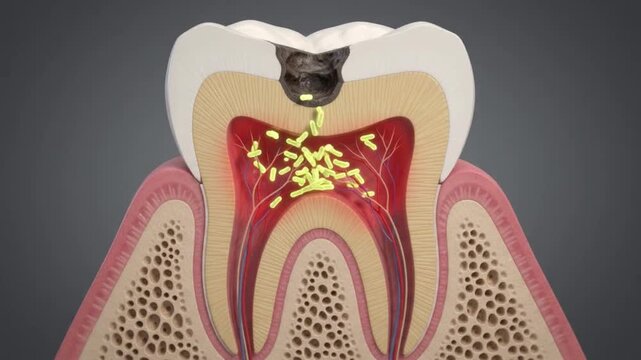 Dental tooth decay infection cross section showing bacteria inside pulp cavity causing inflammation damage to dental tissue bone structure detailed anatomy enamel dentin gum root oral health disease