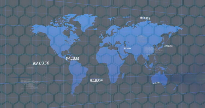 Digital world map with hexagonal grid overlay and numerical data points