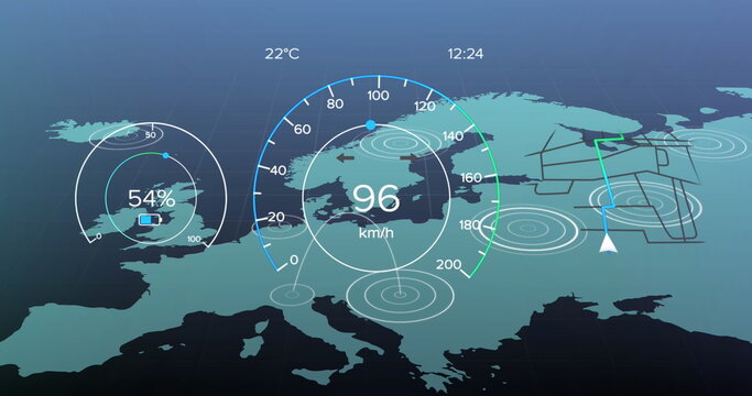 Digital dashboard displaying speed, battery level, and temperature over European map