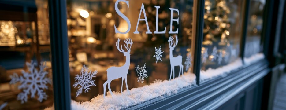 Store window with sale sign and festive reindeers and snowflakes sticker decorations in winter  