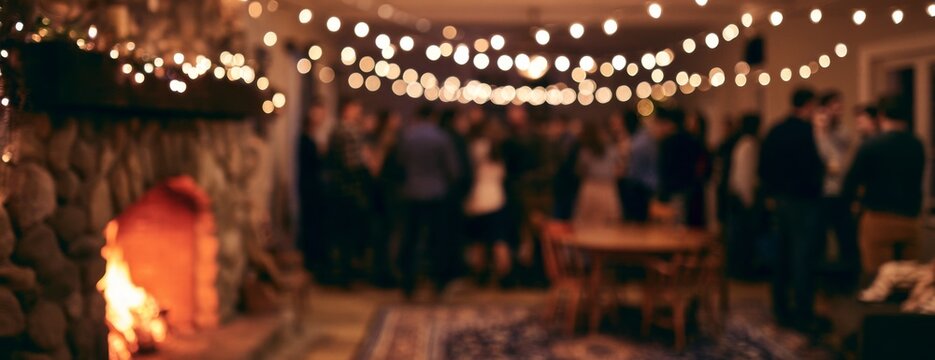 Cozy winter party by the fireplace with string lights and guests, blurred background   