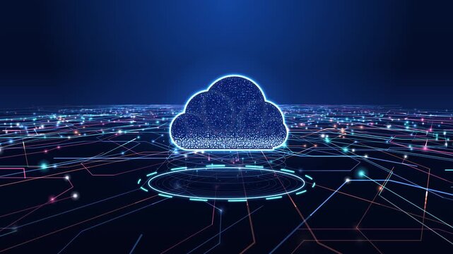 Digital cloud computing data storage, abstract network technology, futuristic cyber infrastructure with glowing particles and circuits