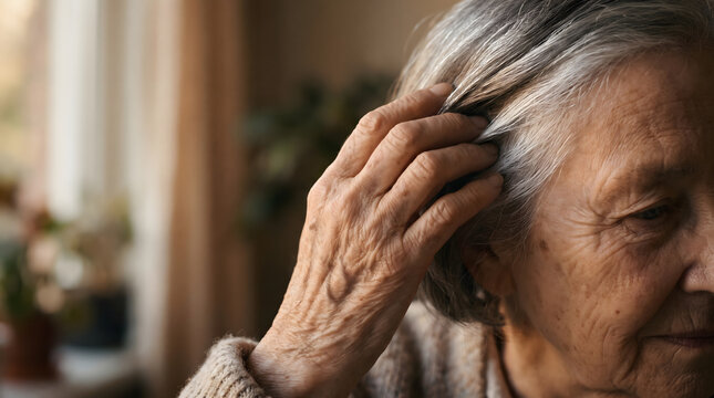A detailed close-up portrait of an elderly woman with visible wrinkles on her hand and face, gently touching her gray hair. The soft indoor lighting highlights the natural textures and the quiet, r...
