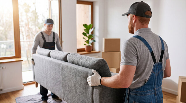 Two movers carry a gray sofa through a sunlit living room during a daytime move
