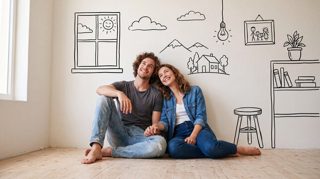 Couple sitting together on the floor beside wall drawings in a home