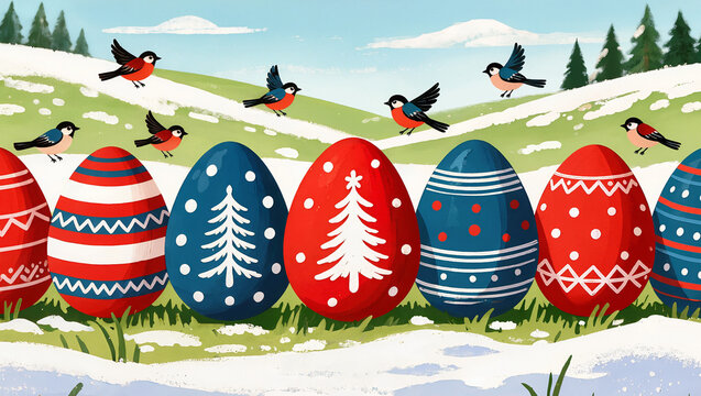 Painted Easter eggs and red birds in a snowy mountain landscape