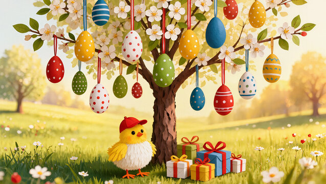 Decorated Easter eggs hang from a tree as a chick stands among gifts in a spring field