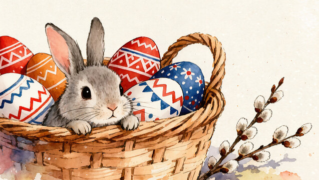 Gray rabbit sits in a wicker basket with painted Easter eggs