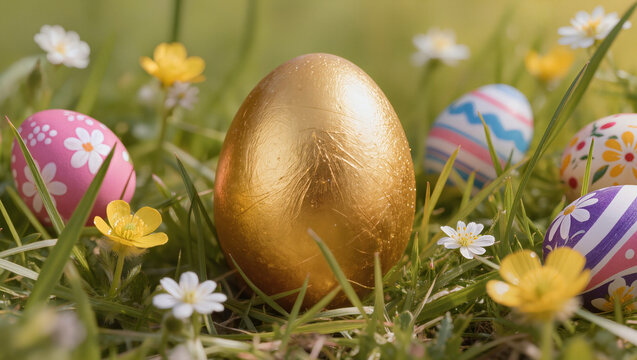 Gold egg among decorated Easter eggs and flowers in a grassy spring setting