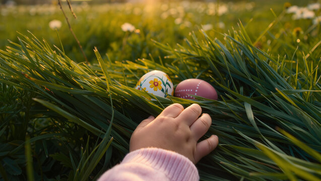 Child reaches for decorated eggs hidden in grass during an Easter egg hunt