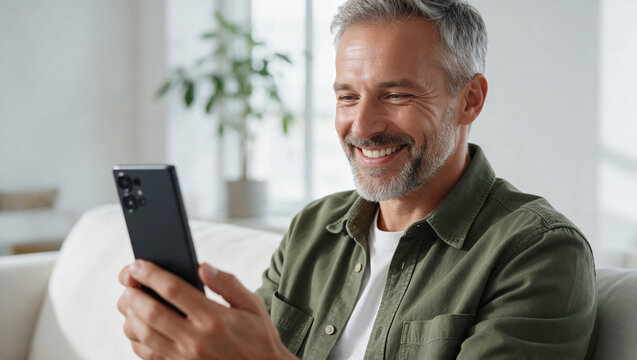 Man uses a smartphone while sitting at home during the day