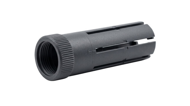 Tactical flash hider barrel attachment, matte black steel muzzle brake component, gun accessory on white background