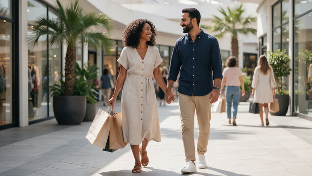Couple walks through an outdoor shopping center with shopping bags during the day