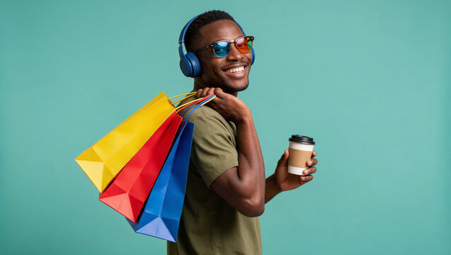 Man carries shopping bags and a coffee cup while listening to music indoors