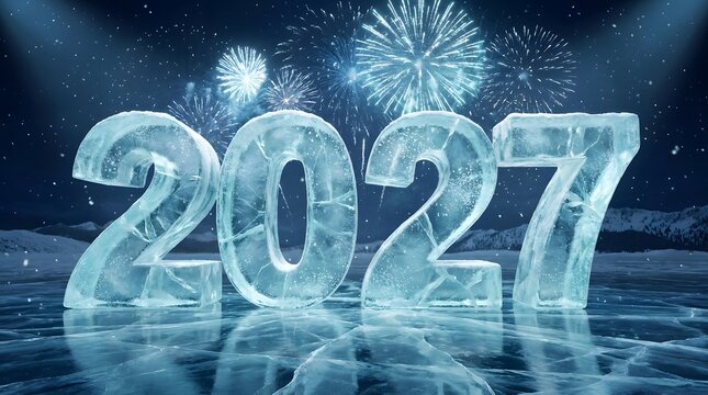 Festive ice sculpture 2027 text design with glowing fireworks background for new year celebration