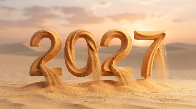 Creative 2027 text design featuring golden numbers melting into sand on a sunset beach background