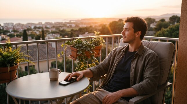 Man enjoying morning on balcony with tablet.
