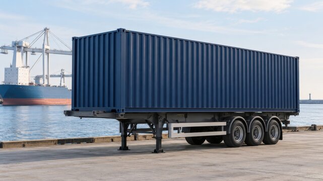 Blue shipping container trailer parked beside a harbor with a cargo ship and cranes