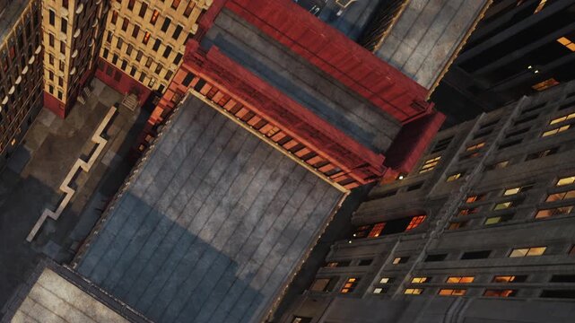 Overhead view of city rooftops showcases varying textures and colors at twilight. The lights in the buildings hint at life within. A blend of historic and modern architecture captivates the eye.