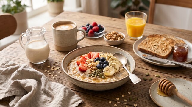 Healthy breakfast meal on wooden table with fresh fruits.