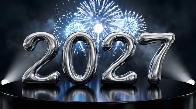 Shiny silver metallic 2027 text design with bright blue fireworks on a dark background